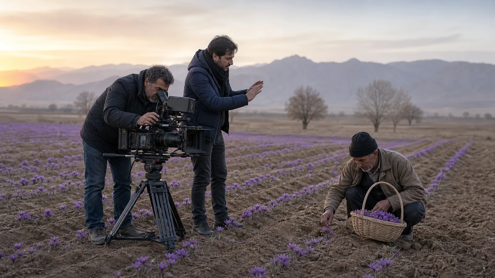 Film crew recording a scene in a flowering saffron field near Torbat Heydarieh