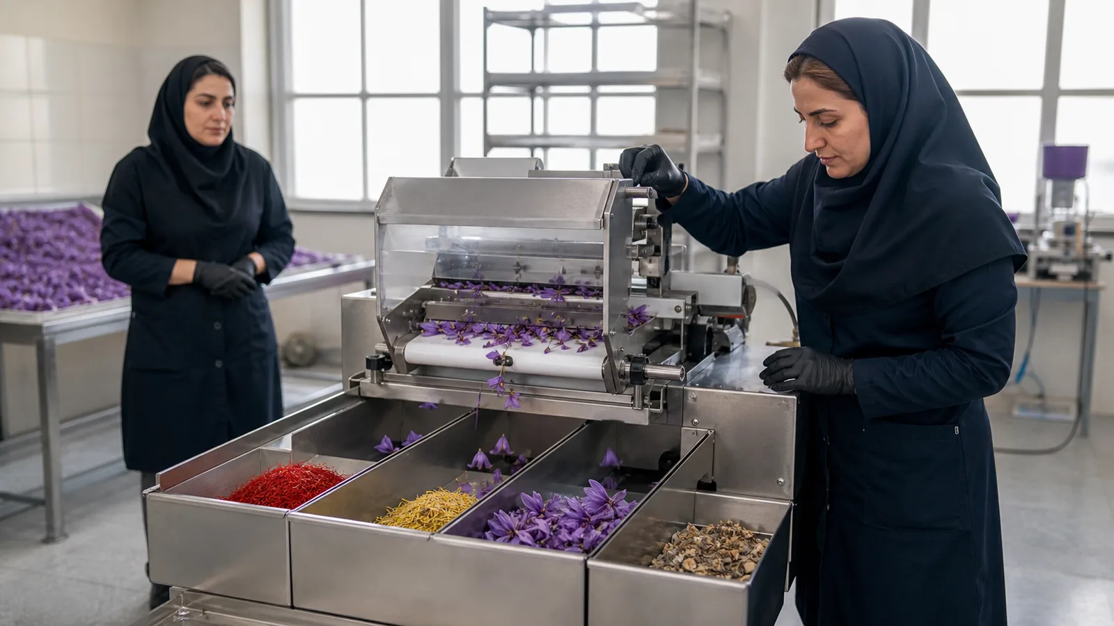 Woman engineer inspecting a saffron flower sorting machine in a Mashhad workshop