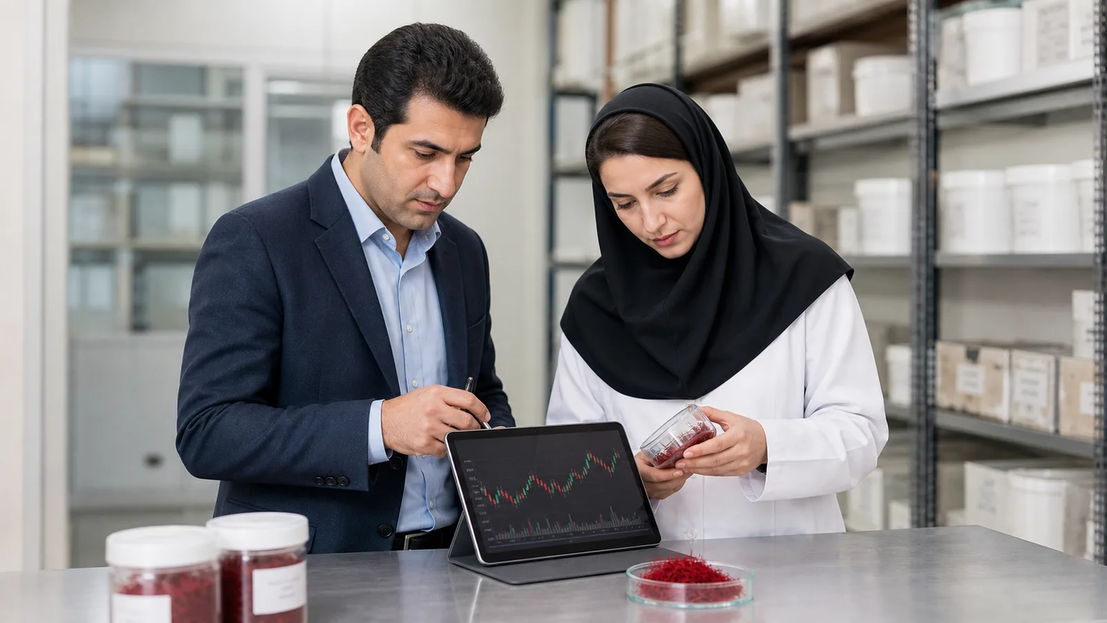 Analyst and inspector reviewing certified saffron in a commodity warehouse