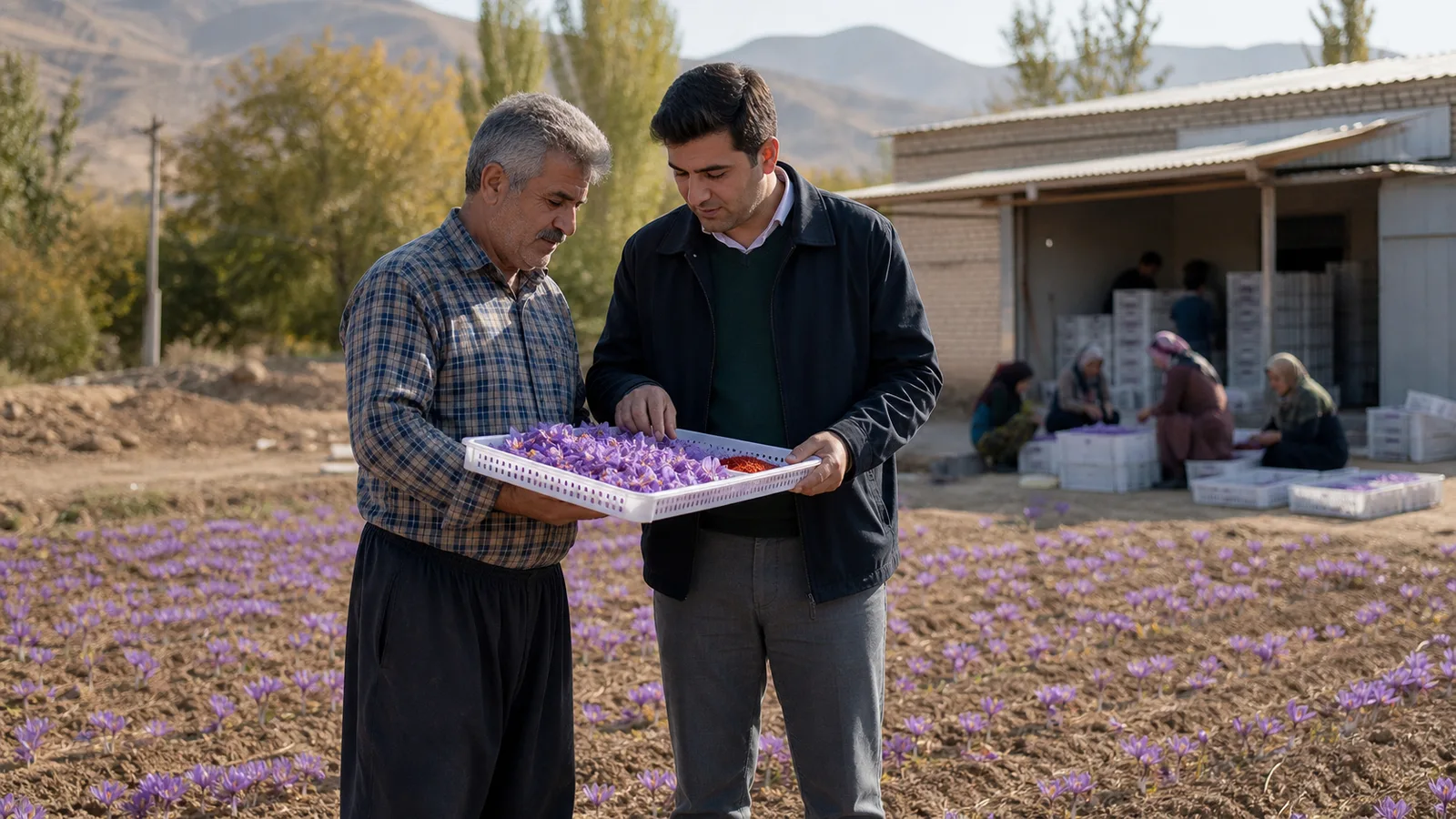 Lorestan saffron grower and agricultural adviser reviewing harvested flowers