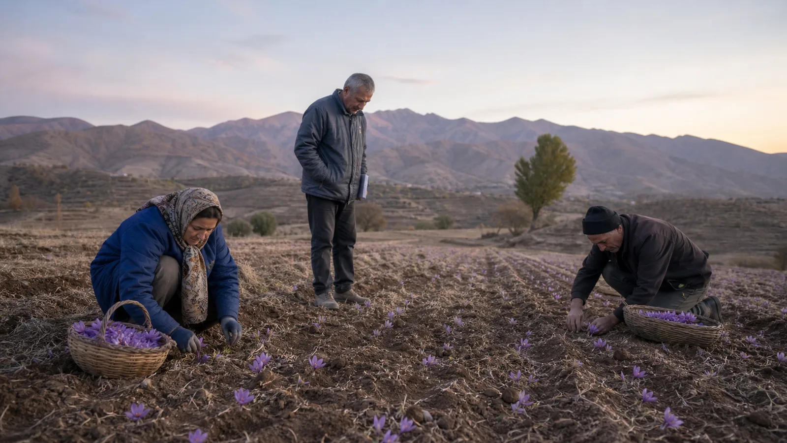 Growers harvesting saffron at dawn in the highlands of Namin, Iran