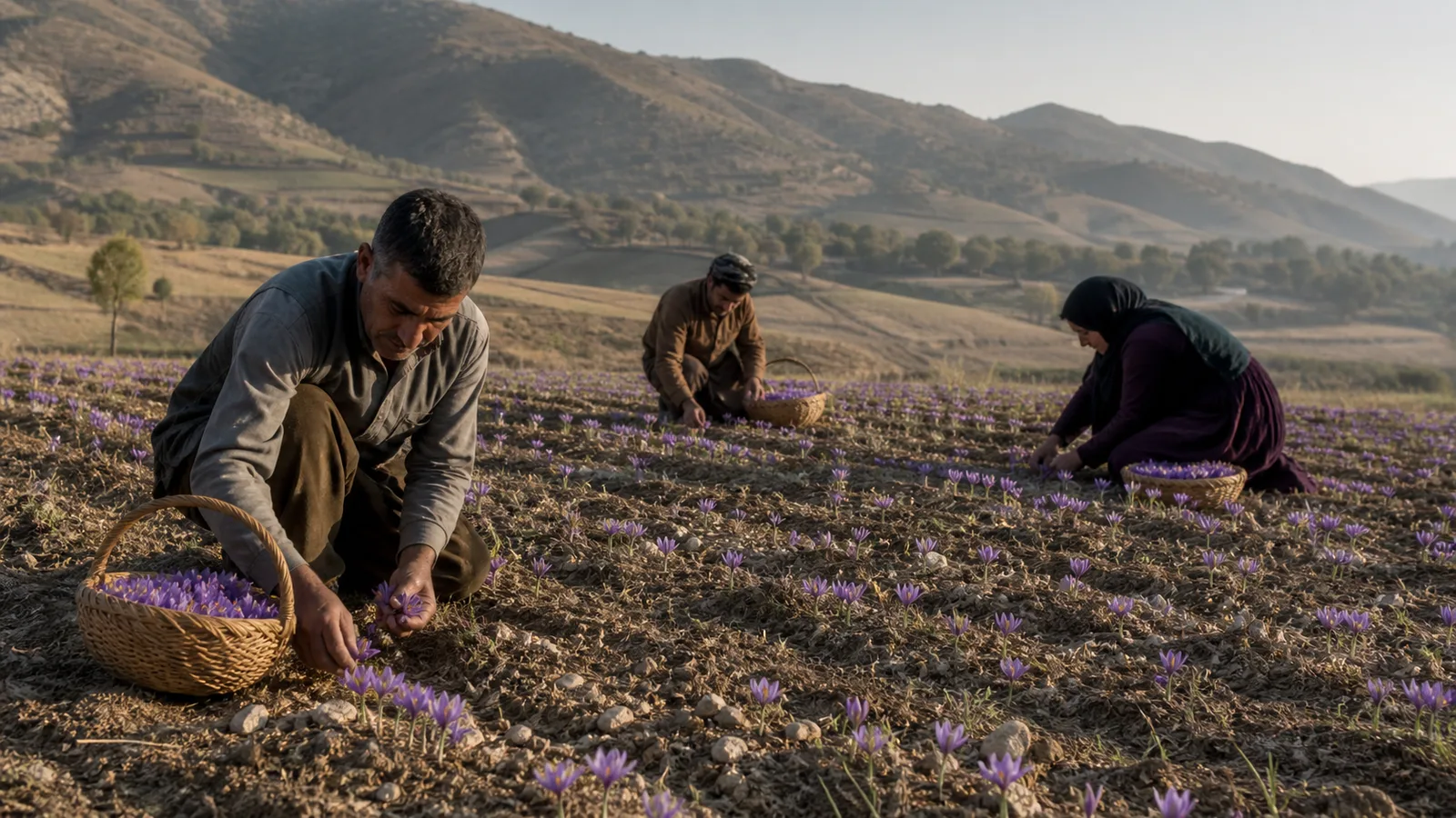 Farm workers harvesting purple saffron flowers in an Izeh field at dawn