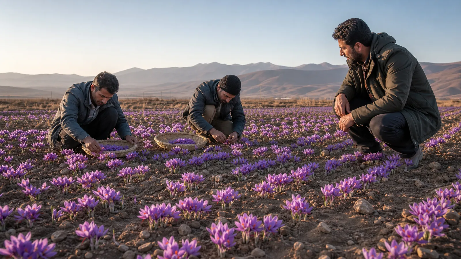Farmers harvesting purple saffron flowers in a field near Shahin Dezh