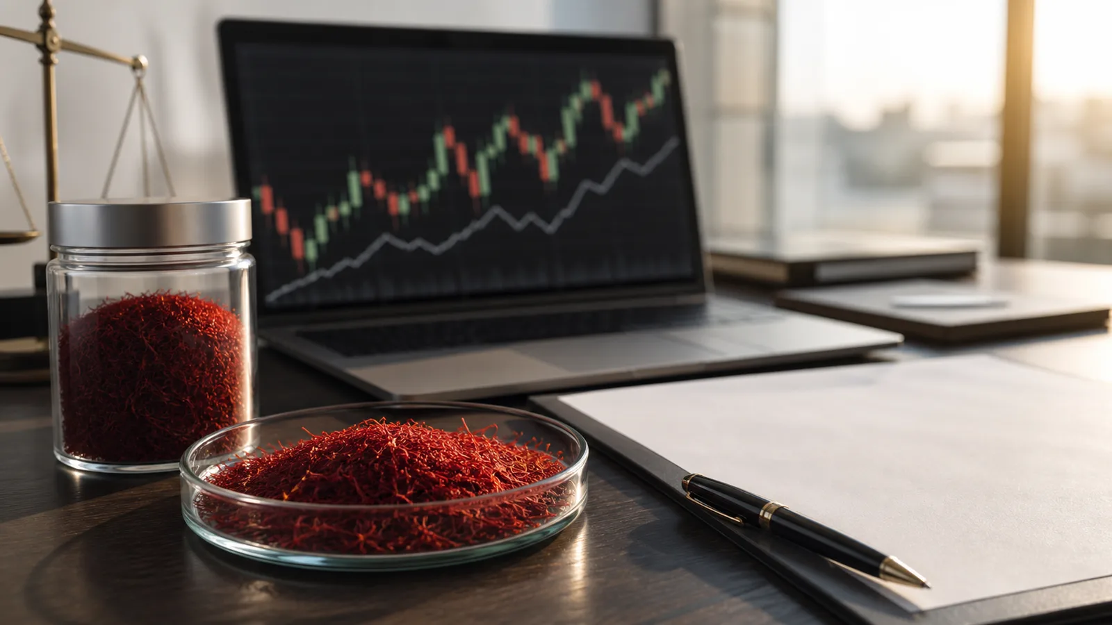 Saffron threads beside a modern commodity trading screen and contract documents