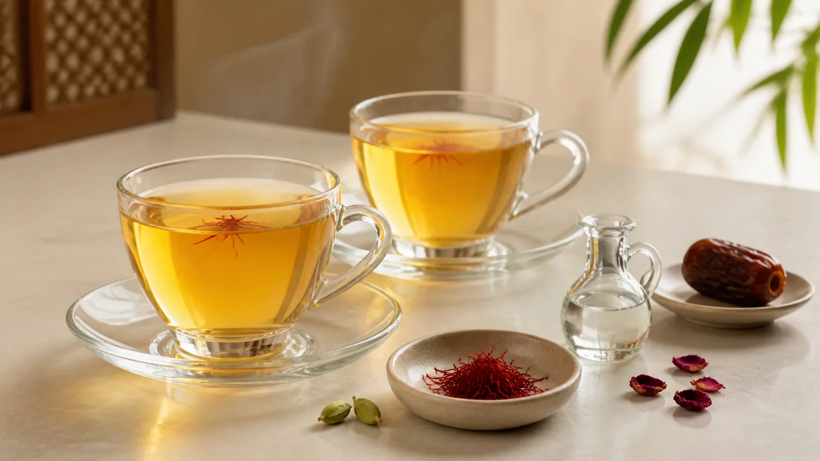 Two glass cups of golden saffron tea with saffron threads, cardamom and rose petals