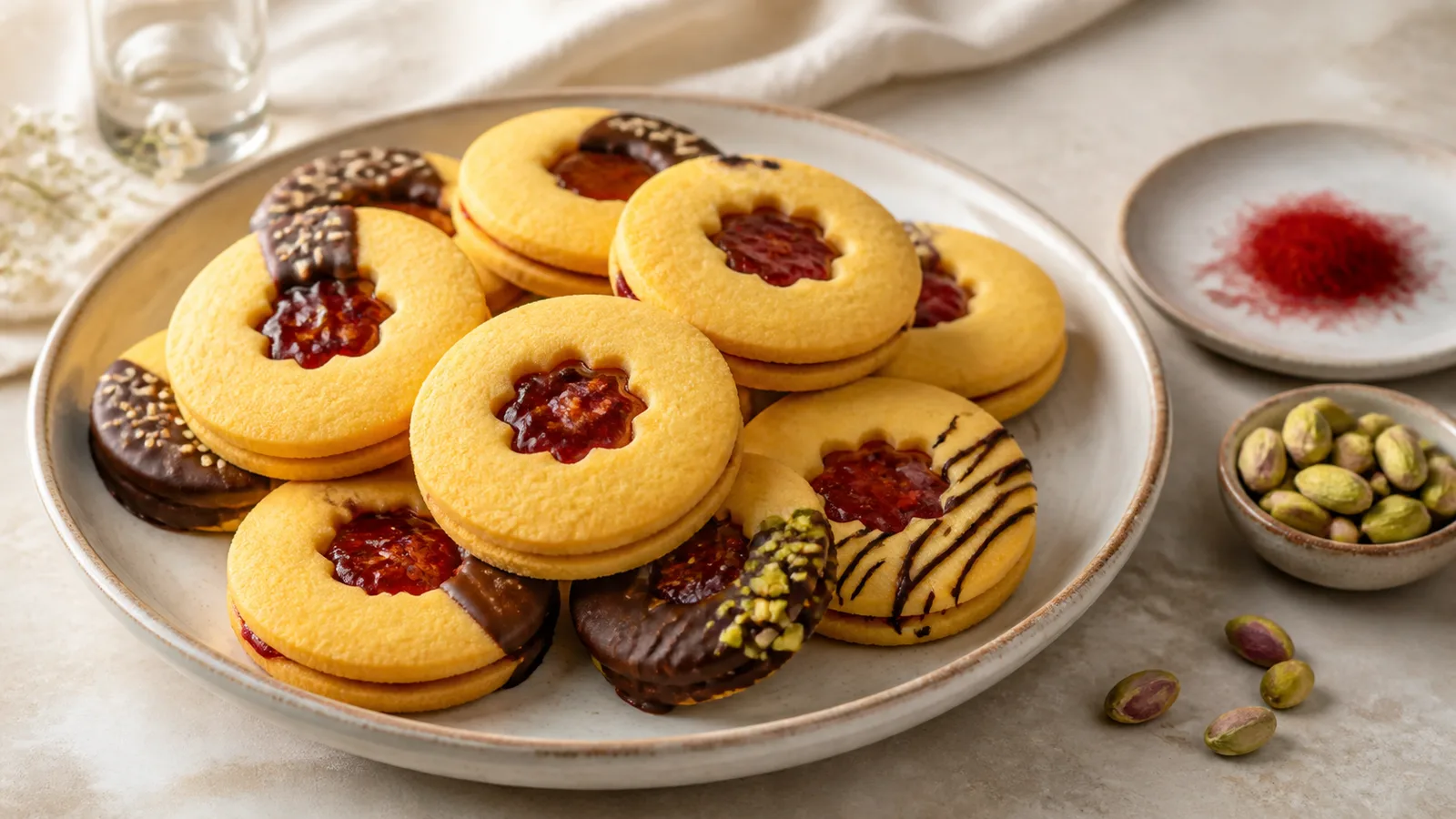 Saffron jam sandwich cookies decorated with pistachios, sesame and chocolate
