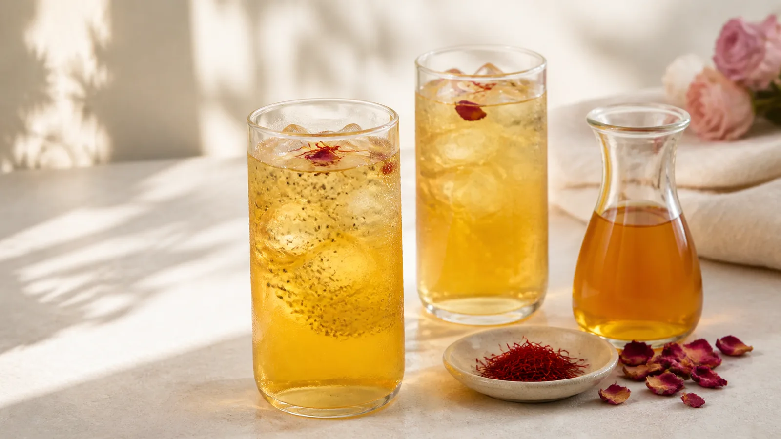 Cold julab drink with saffron, rose water and soaked basil seeds