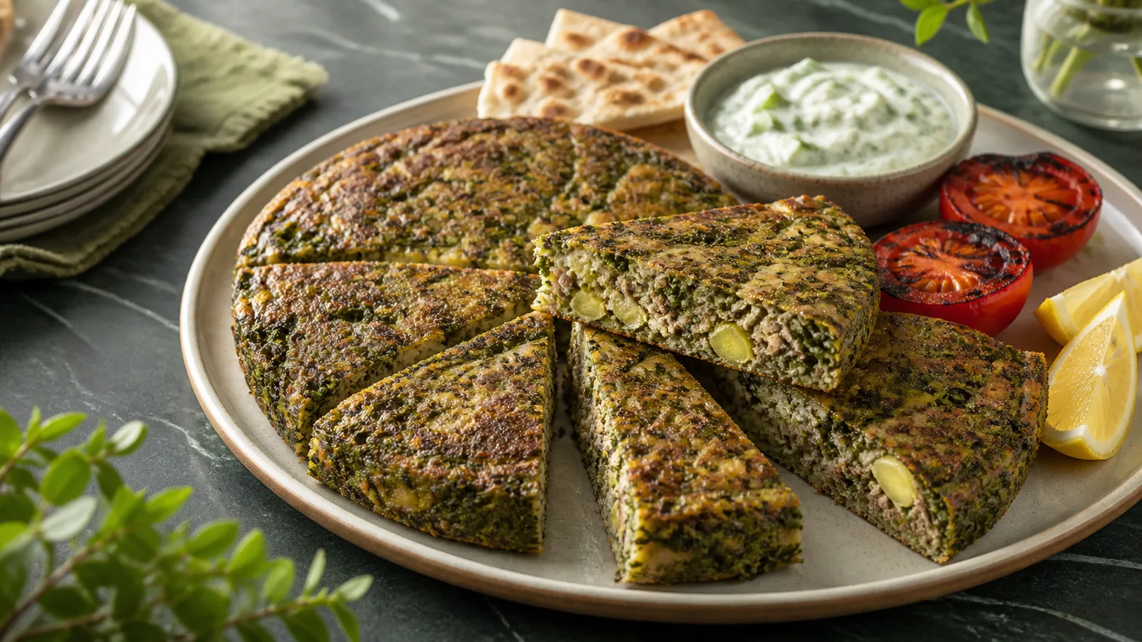 Slices of saffron meat and herb kuku served with tomatoes and cucumber yogurt
