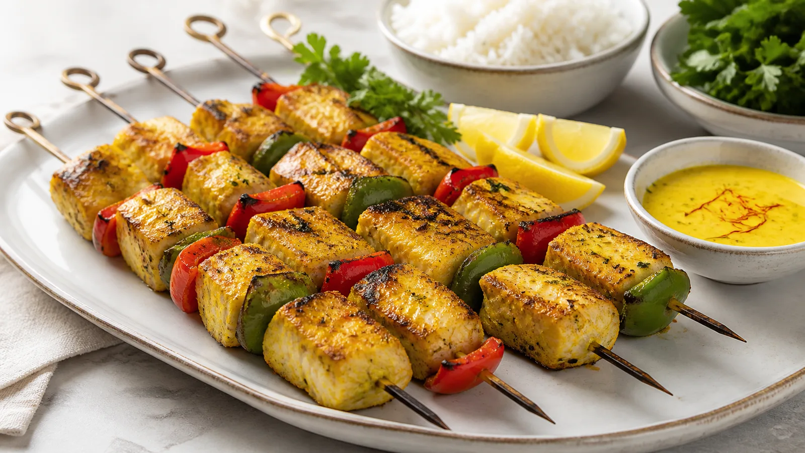 Grilled saffron seer fish kebabs with bell pepper and lemon