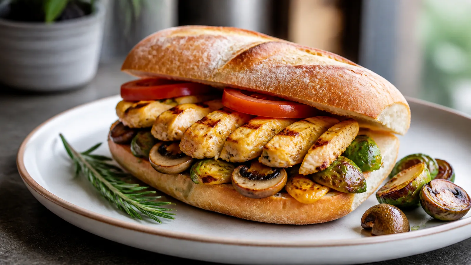 Grilled saffron chicken sandwich with mushrooms, tomato and Brussels sprouts