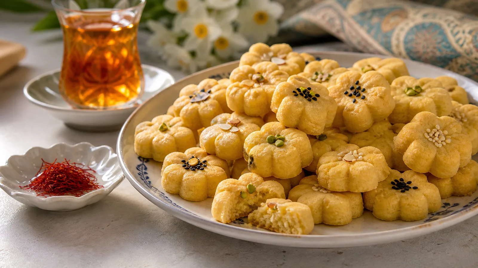 Saffron chickpea sweets shaped as small clover cookies with pistachio garnish