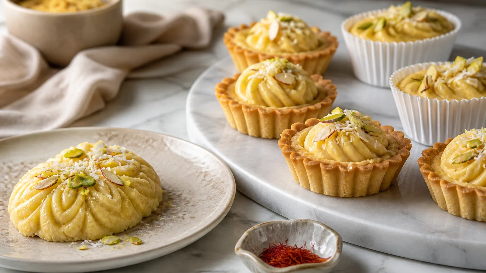 Saffron dry milk halva in small tart shells with pistachio and almond garnish