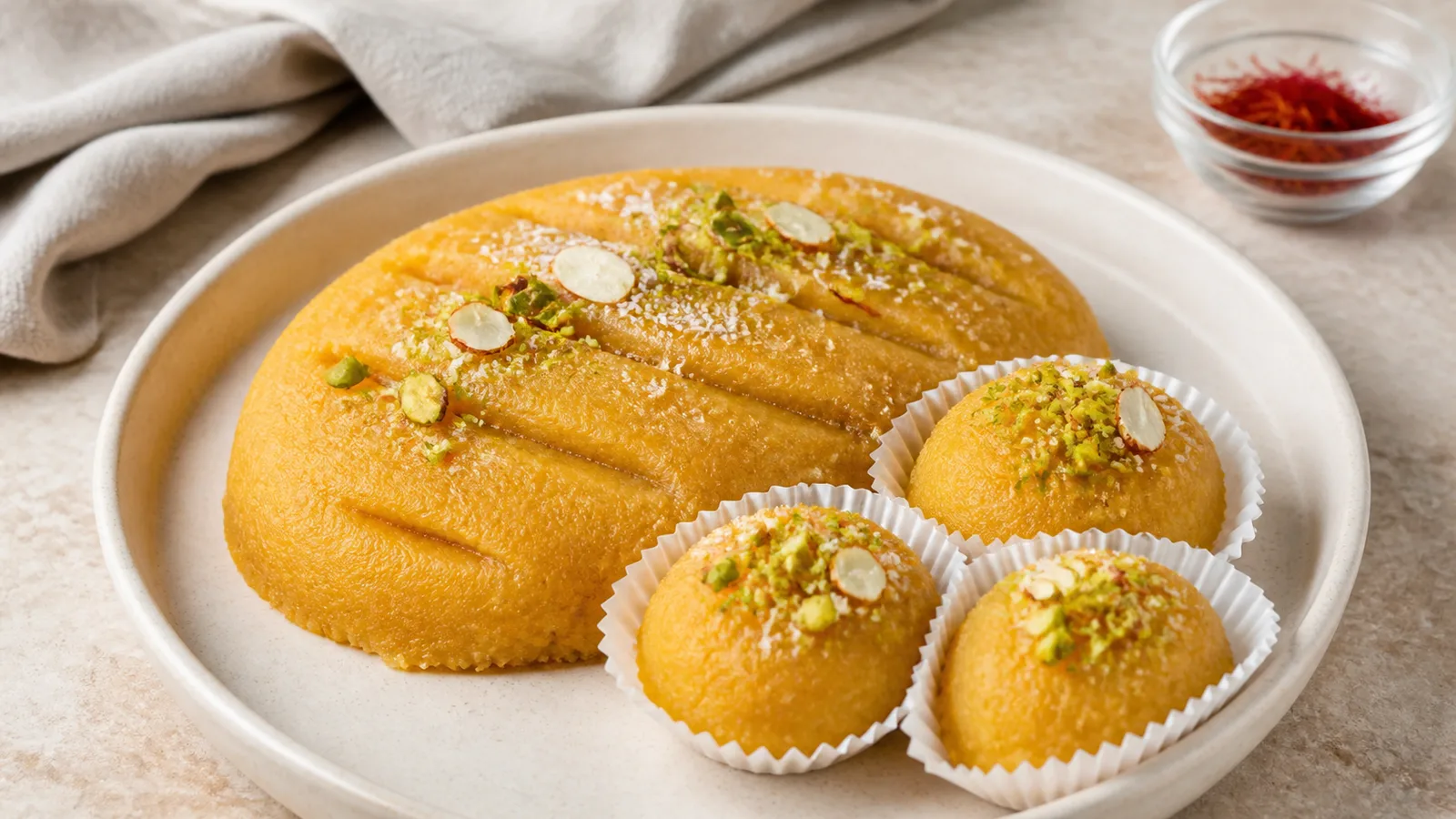 Three-flour saffron halva decorated with pistachios, almonds and coconut