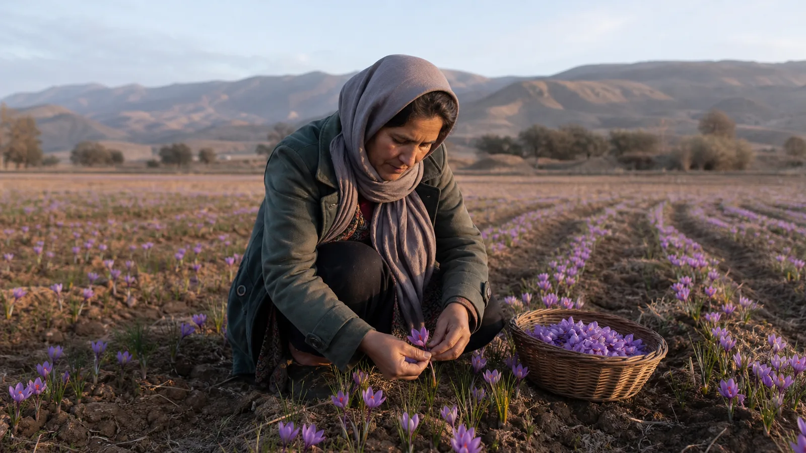A woman farmer inspecting purple saffron crocuses in a Kermanshah field