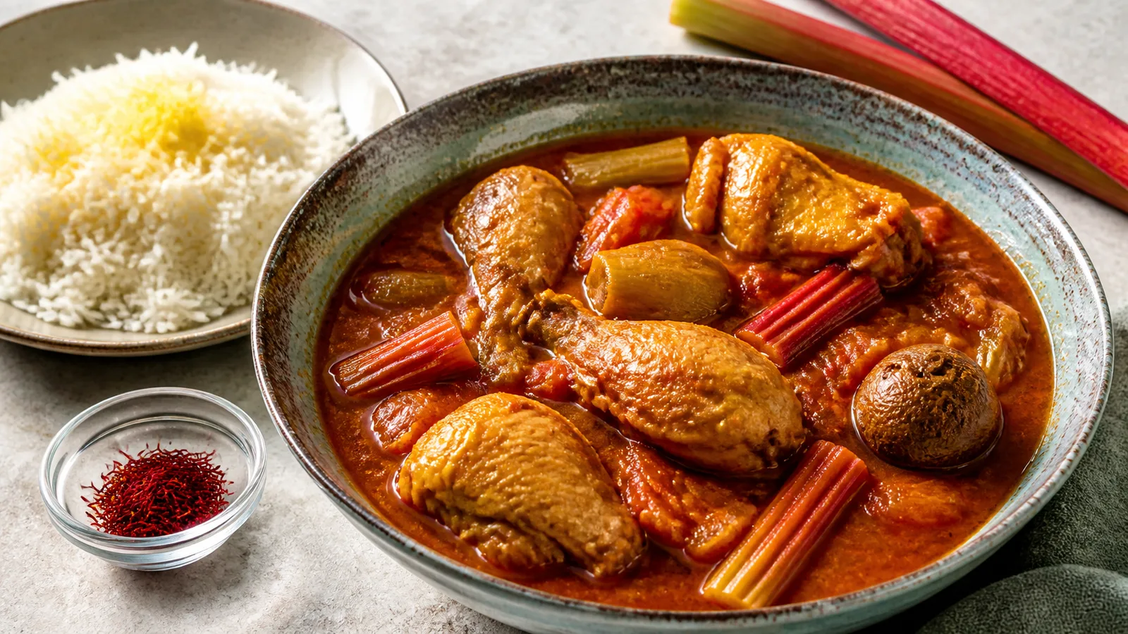 Sour chicken stew with rhubarb and saffron in a shallow serving bowl
