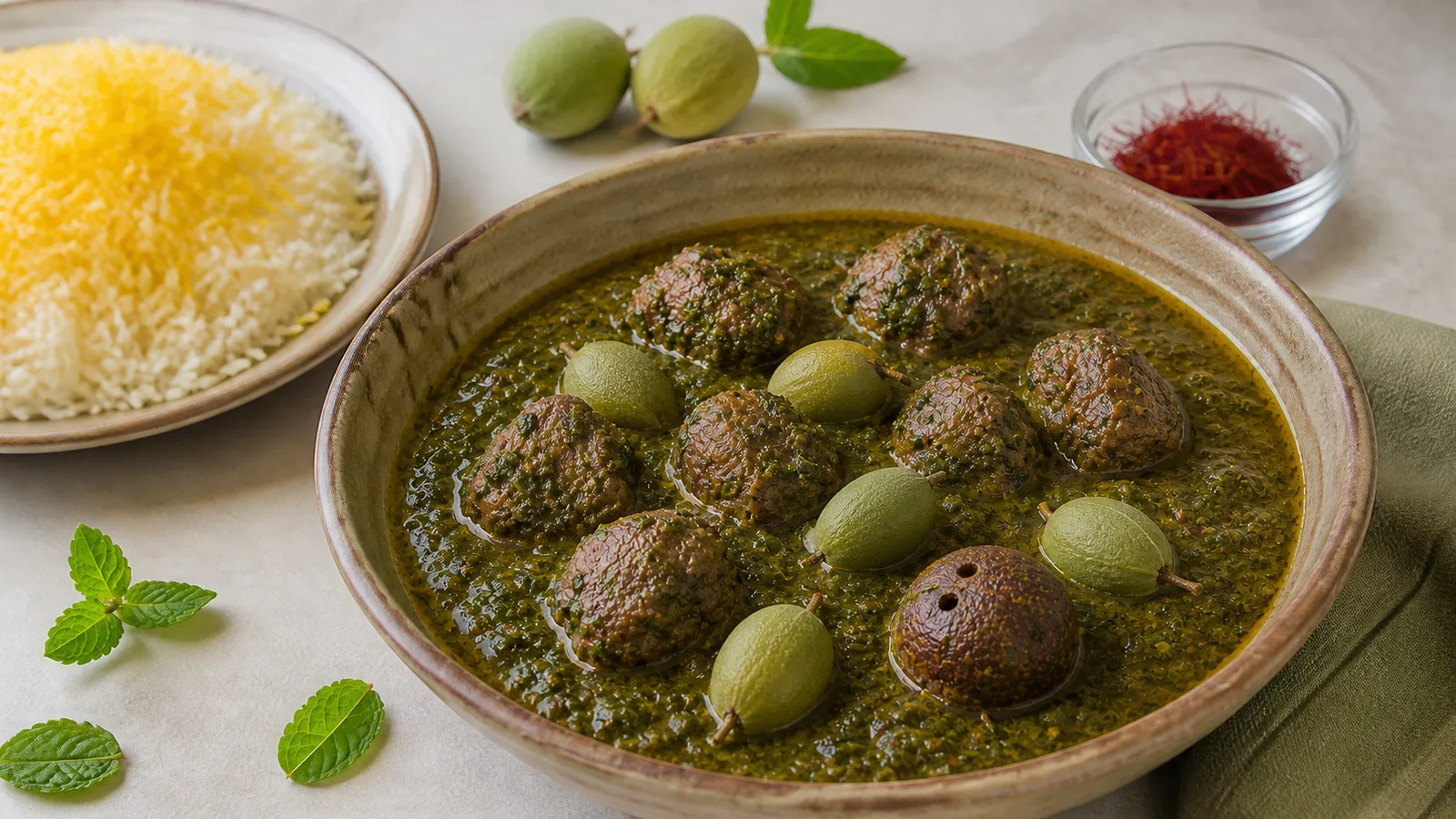 Persian green almond stew with meat, herbs and saffron beside steamed rice
