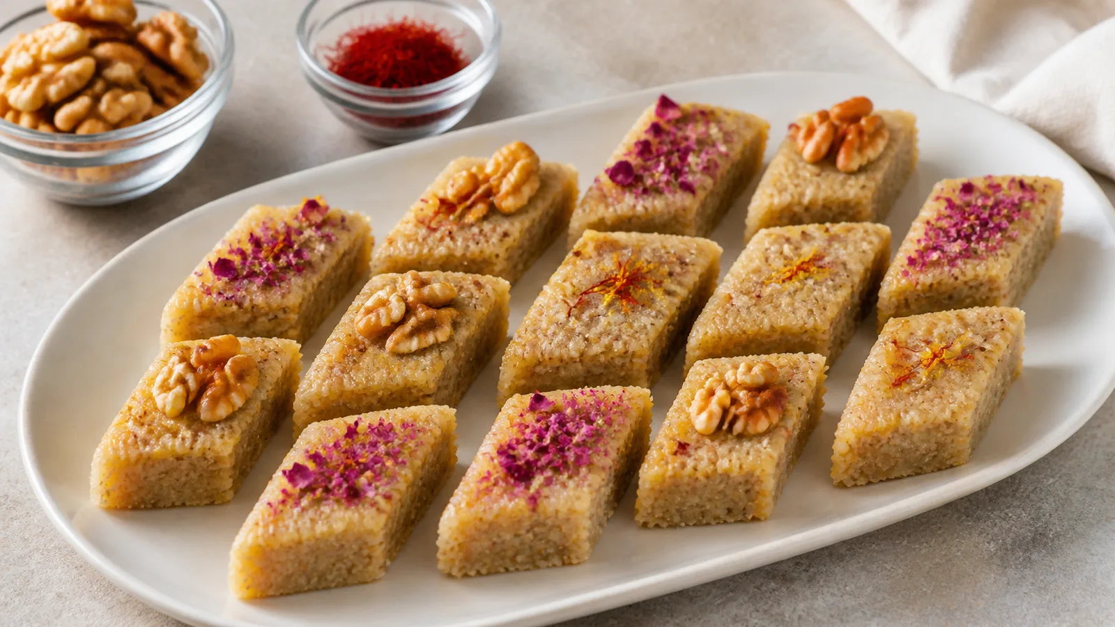 Diamond-shaped saffron walnut loz decorated with rose powder and walnuts