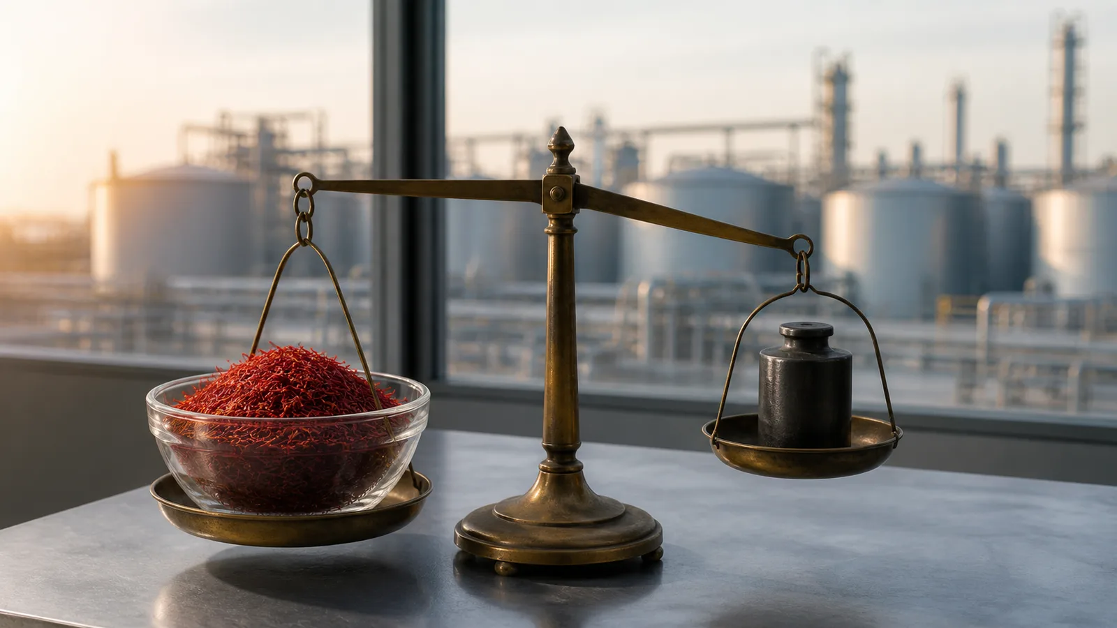 Dried saffron on a balance with an oil-storage terminal in the background
