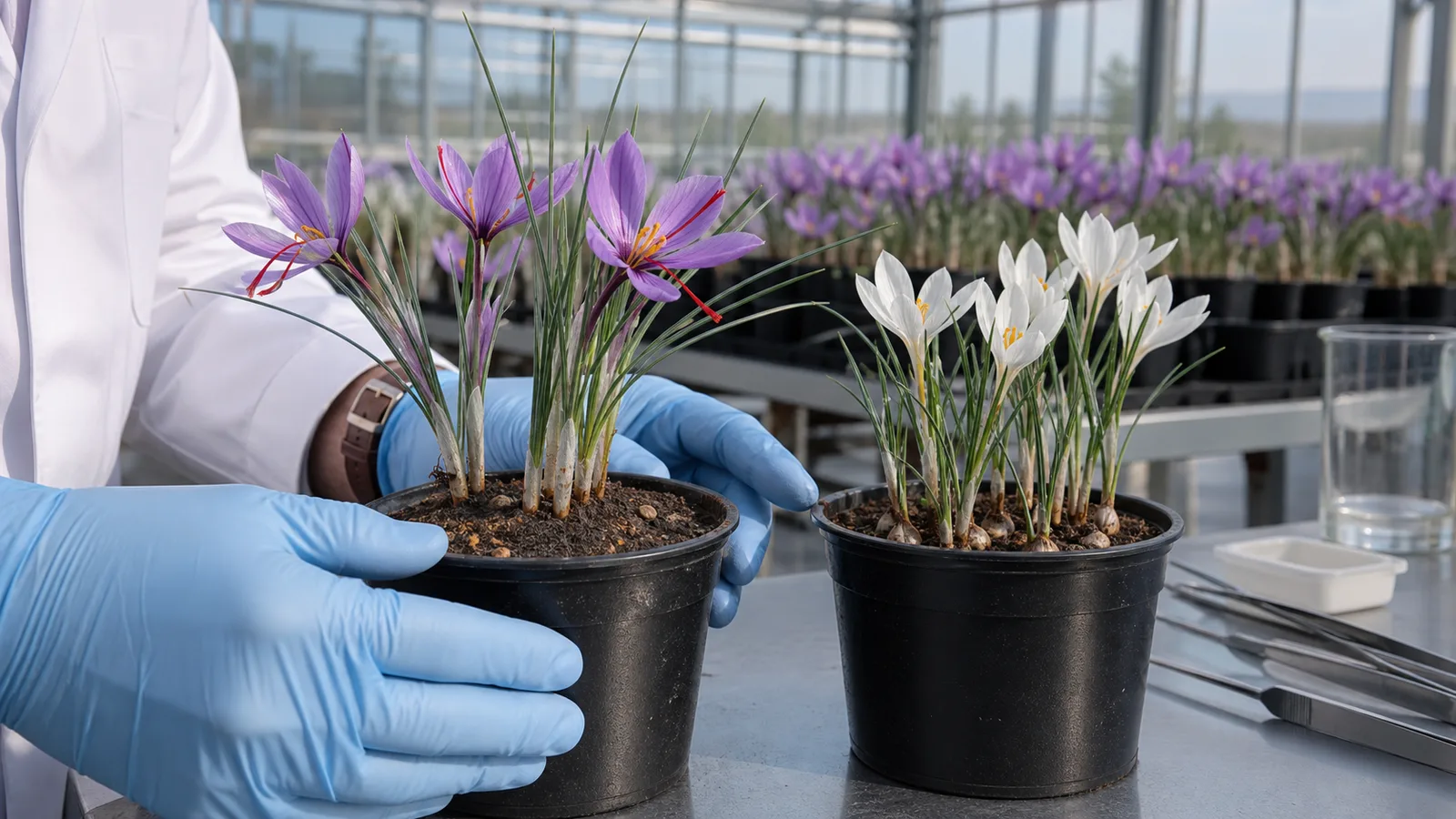 Botanist comparing pale and purple crocus flowers in a saffron research plot