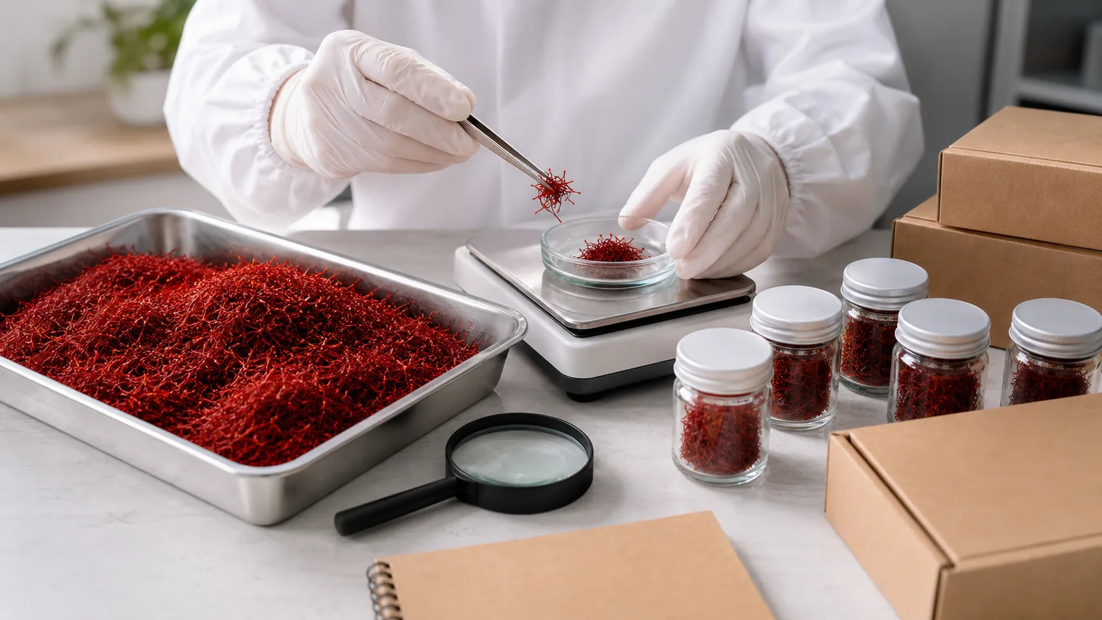 Iranian saffron threads being weighed and packed at a modern quality-control workspace