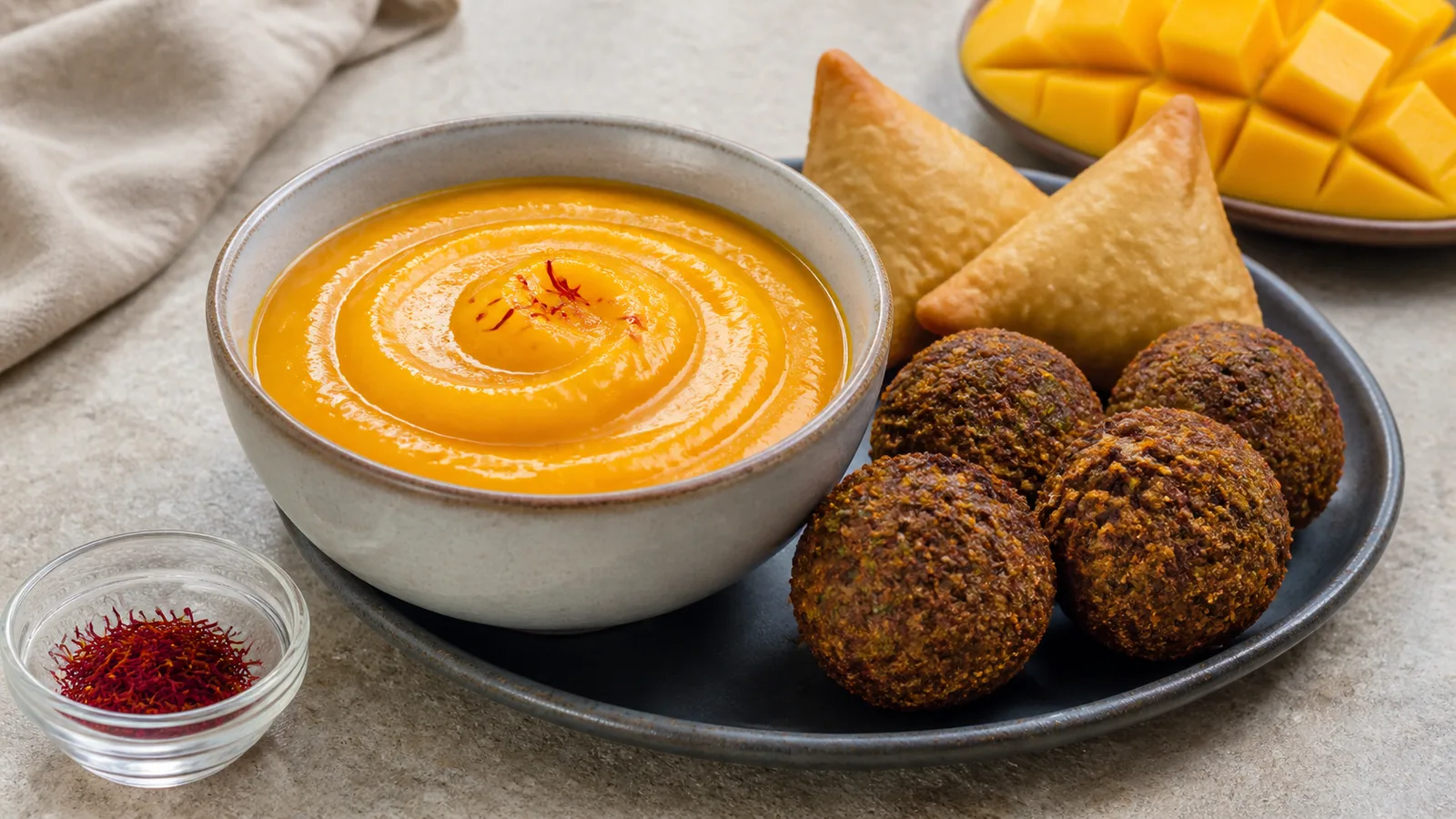Fresh mango sauce with Iranian saffron served beside falafel