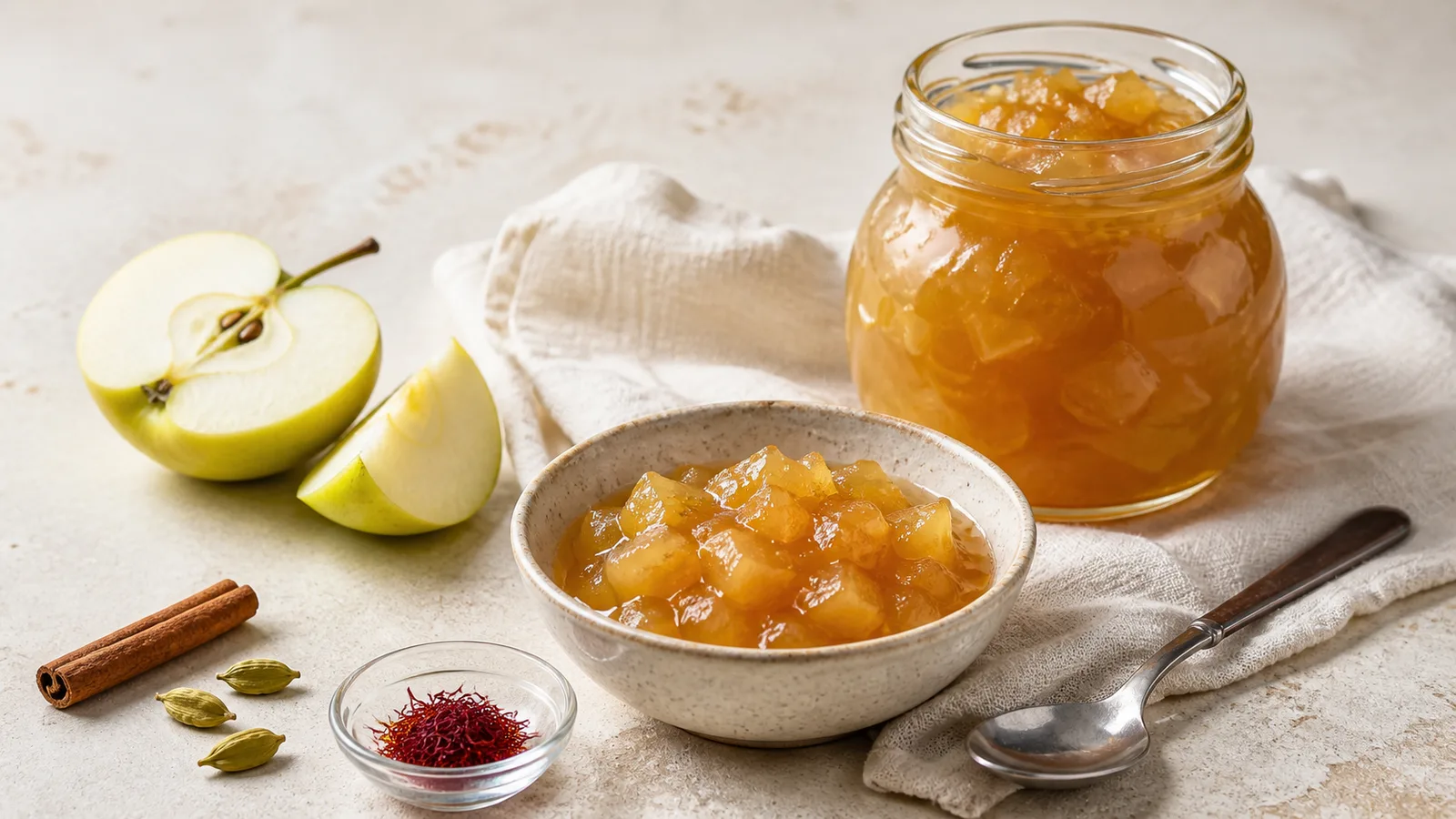 Apple jam with Iranian saffron in a glass jar and serving bowl