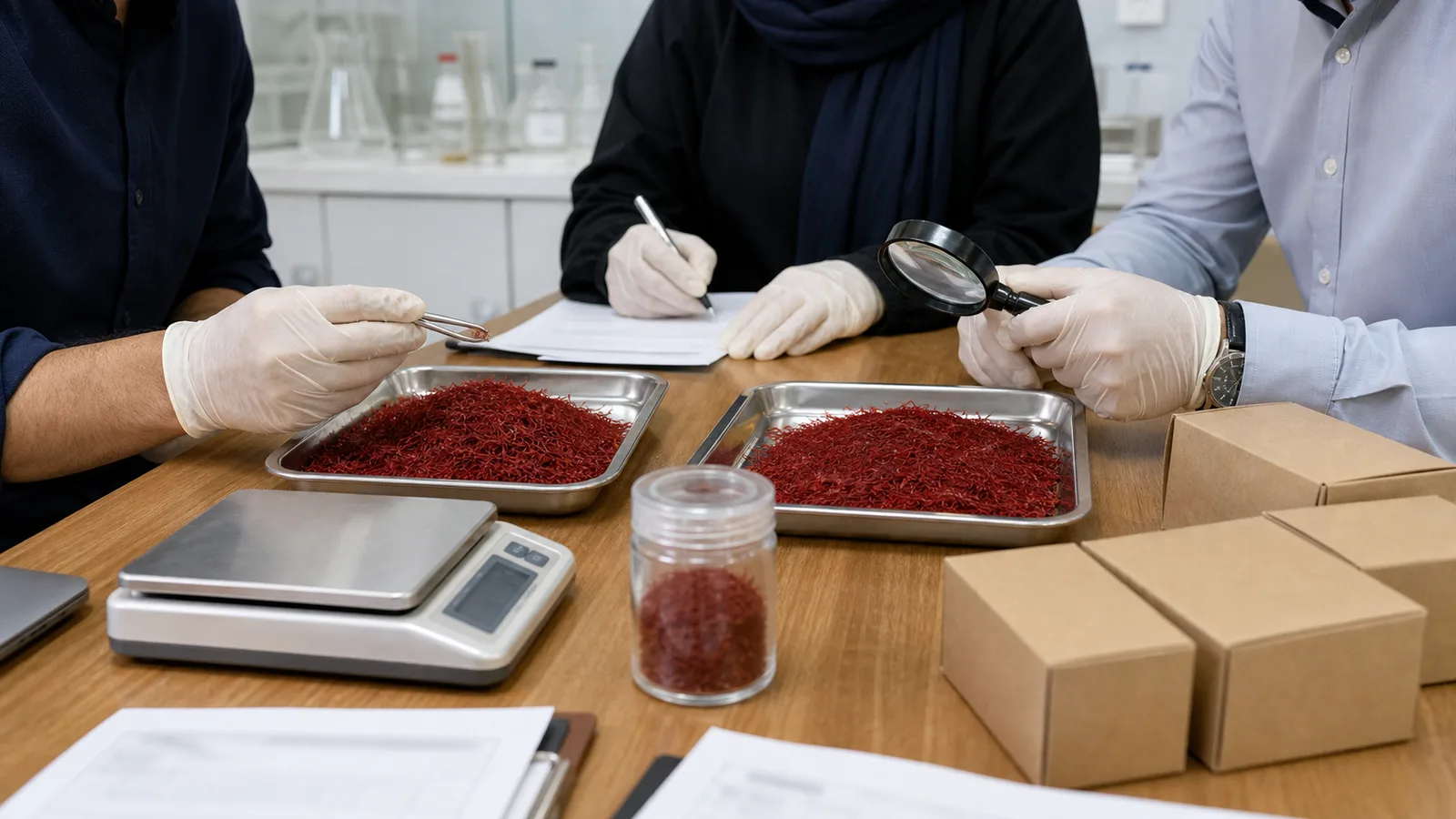 Iranian saffron samples, quality records and export packaging on a meeting table