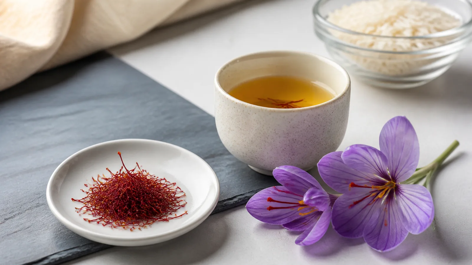 Saffron threads, purple crocus flowers and a small cup of saffron infusion