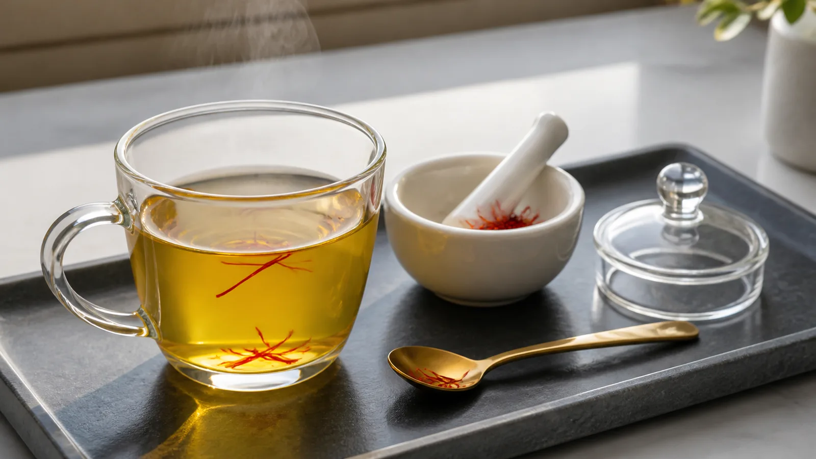 Saffron threads steeping in hot water in a clear glass cup