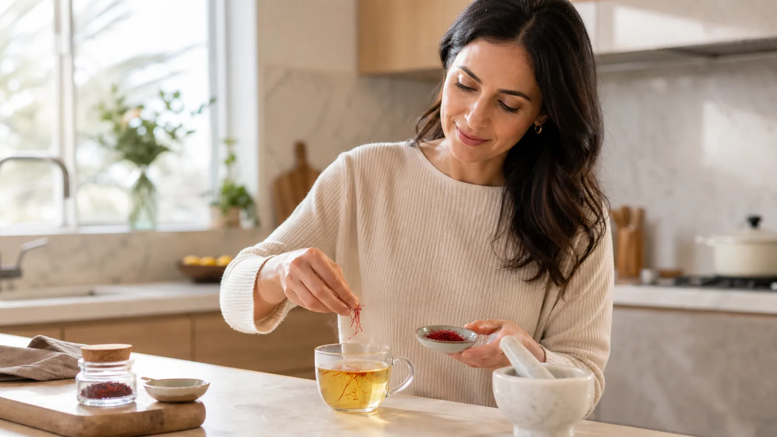 Woman preparing a small culinary saffron infusion in a modern kitchen