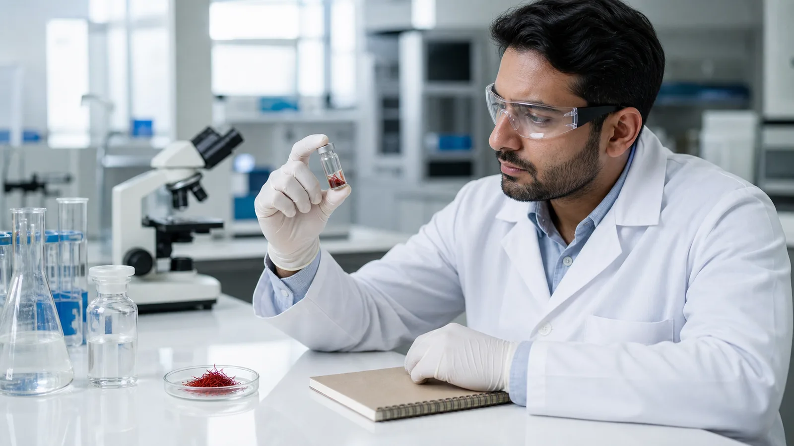 Researcher examining saffron threads and laboratory samples