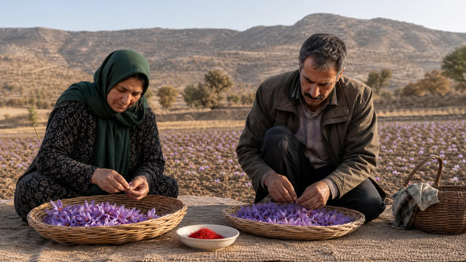Farmers sorting freshly harvested saffron flowers in a Lorestan field