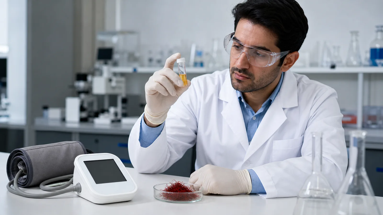 Researcher studying a saffron sample beside blood pressure equipment