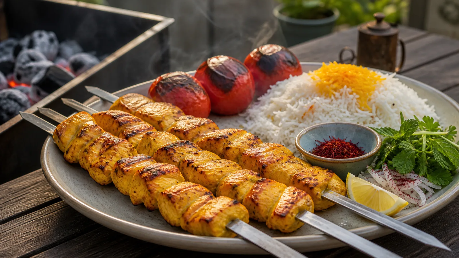 Iranian saffron chicken kebab skewers with grilled tomatoes and rice