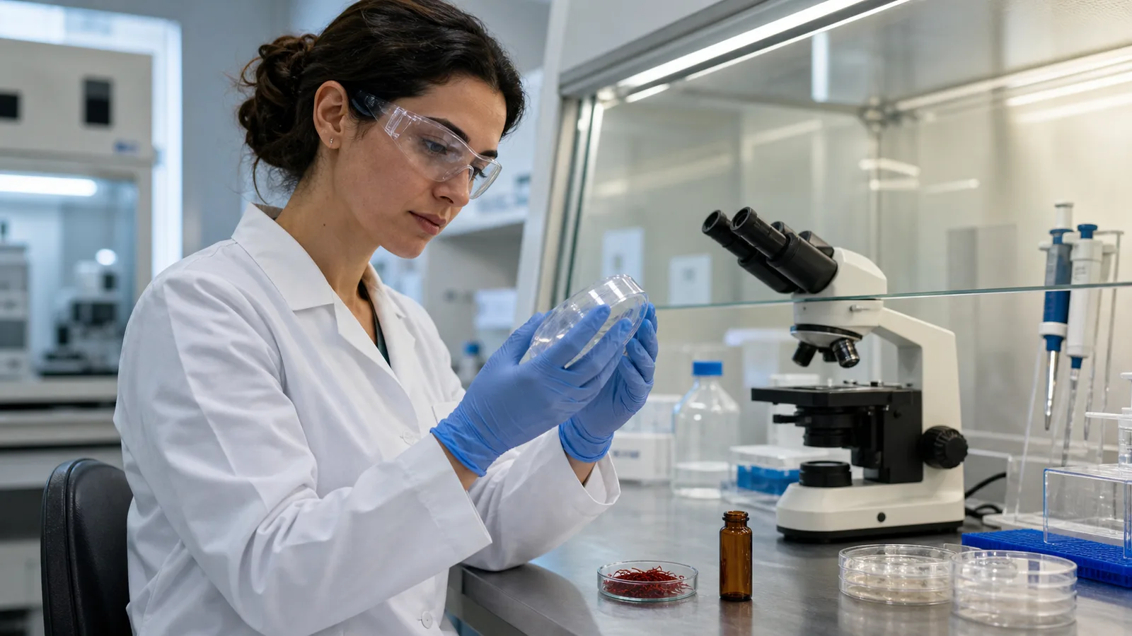 Researcher examining saffron samples and breast cancer cell cultures