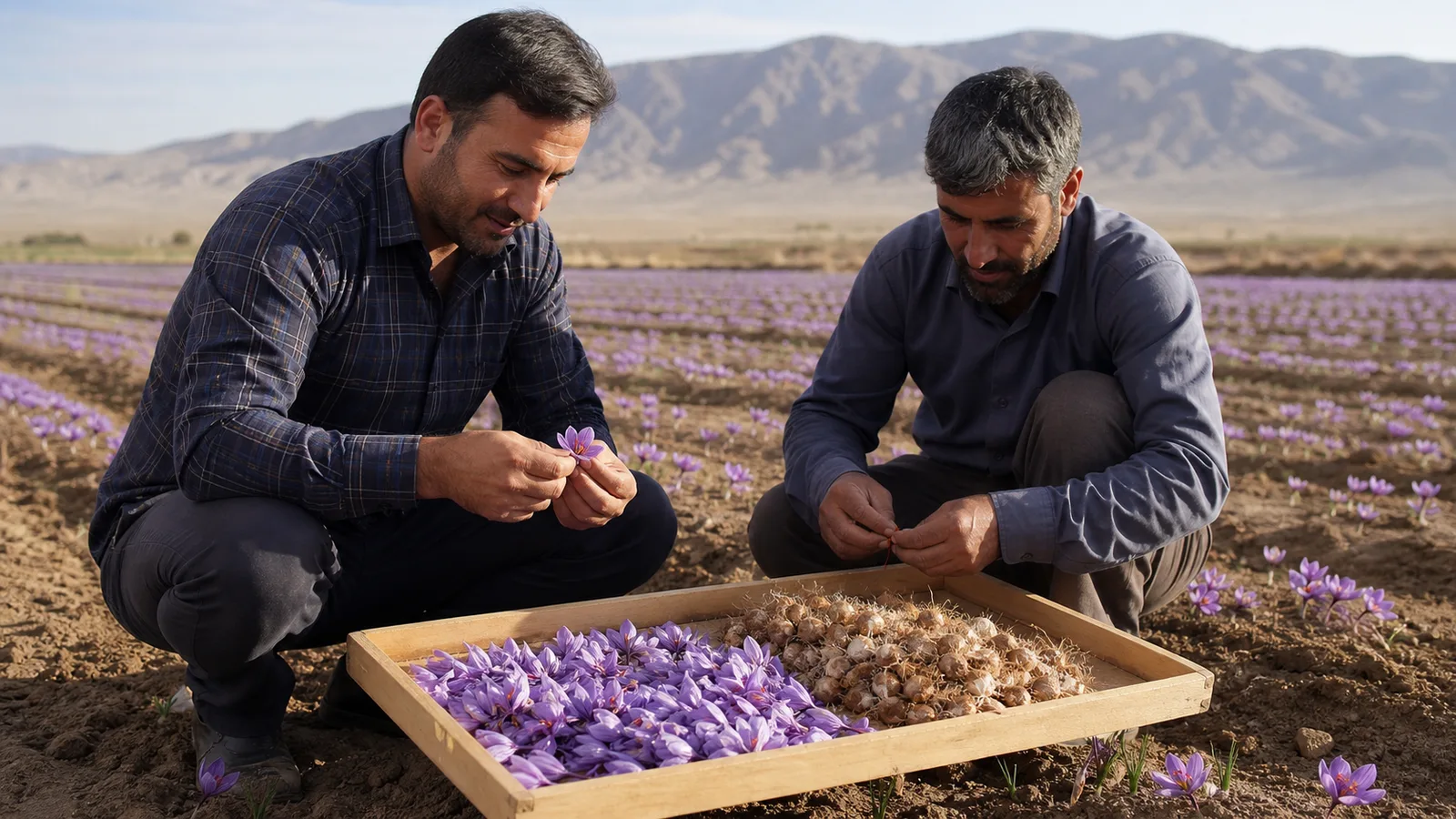 Farmers inspecting saffron flowers and corms in a northwestern Iran field