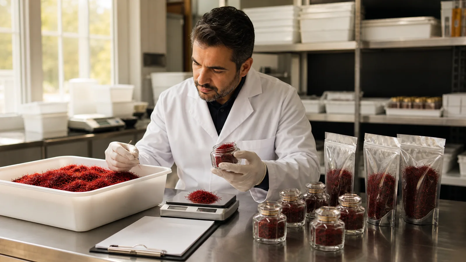 Saffron exporter comparing bulk and retail-ready packages in a modern packing facility
