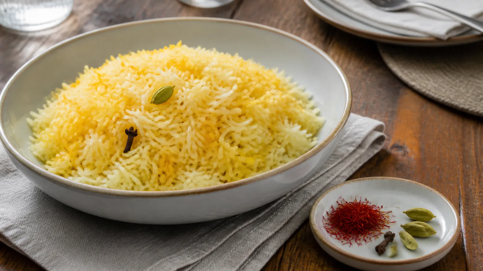 Golden saffron rice with whole cardamom pods and cloves in a serving bowl