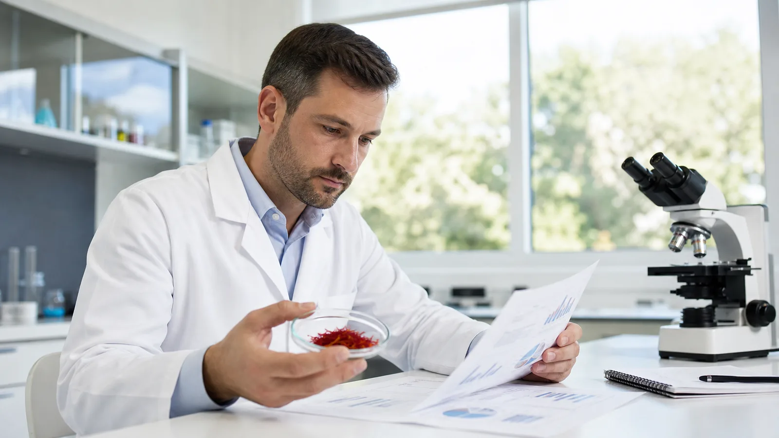 Medical researcher examining saffron threads and clinical study notes in a modern laboratory