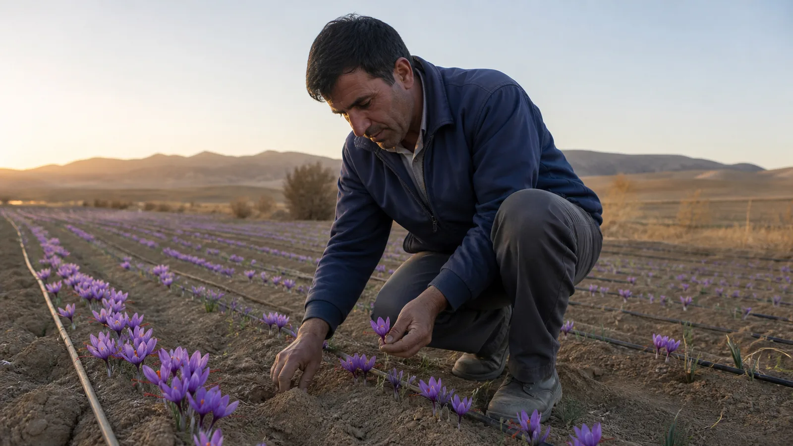 Saffron farmer checking flowers and drip irrigation in a dry Khorasan field