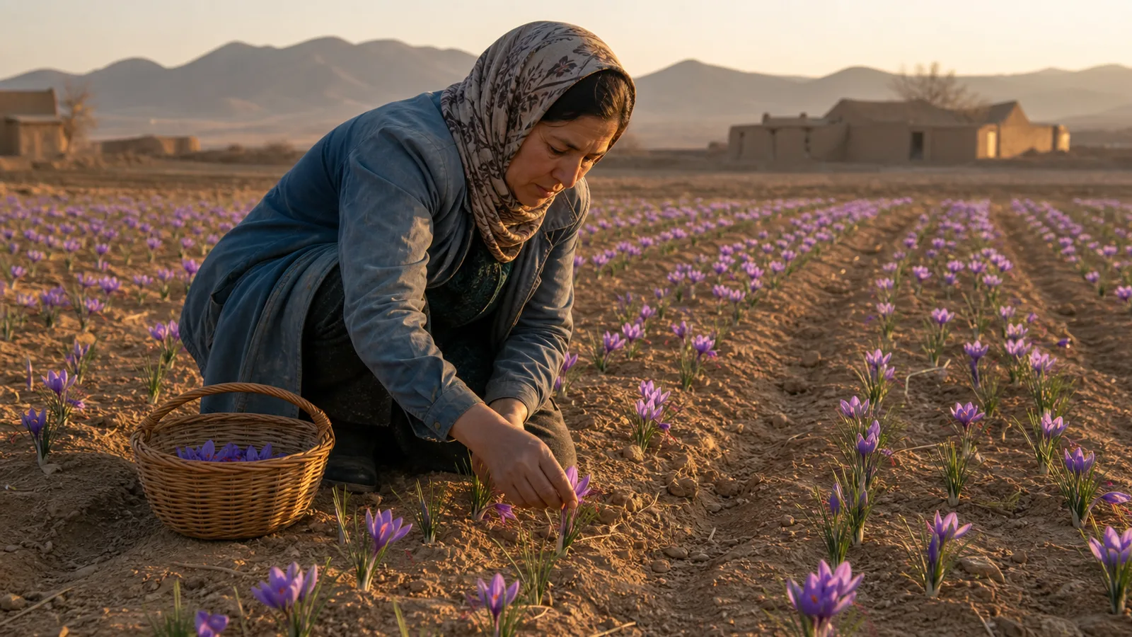 Farmer harvesting purple saffron flowers in an arid Yazd province field
