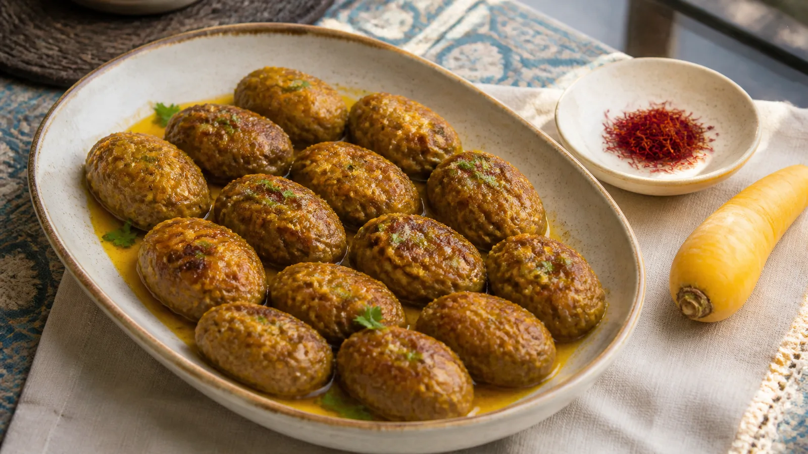 Isfahani zardak kebab patties glazed with saffron sauce and served with herbs