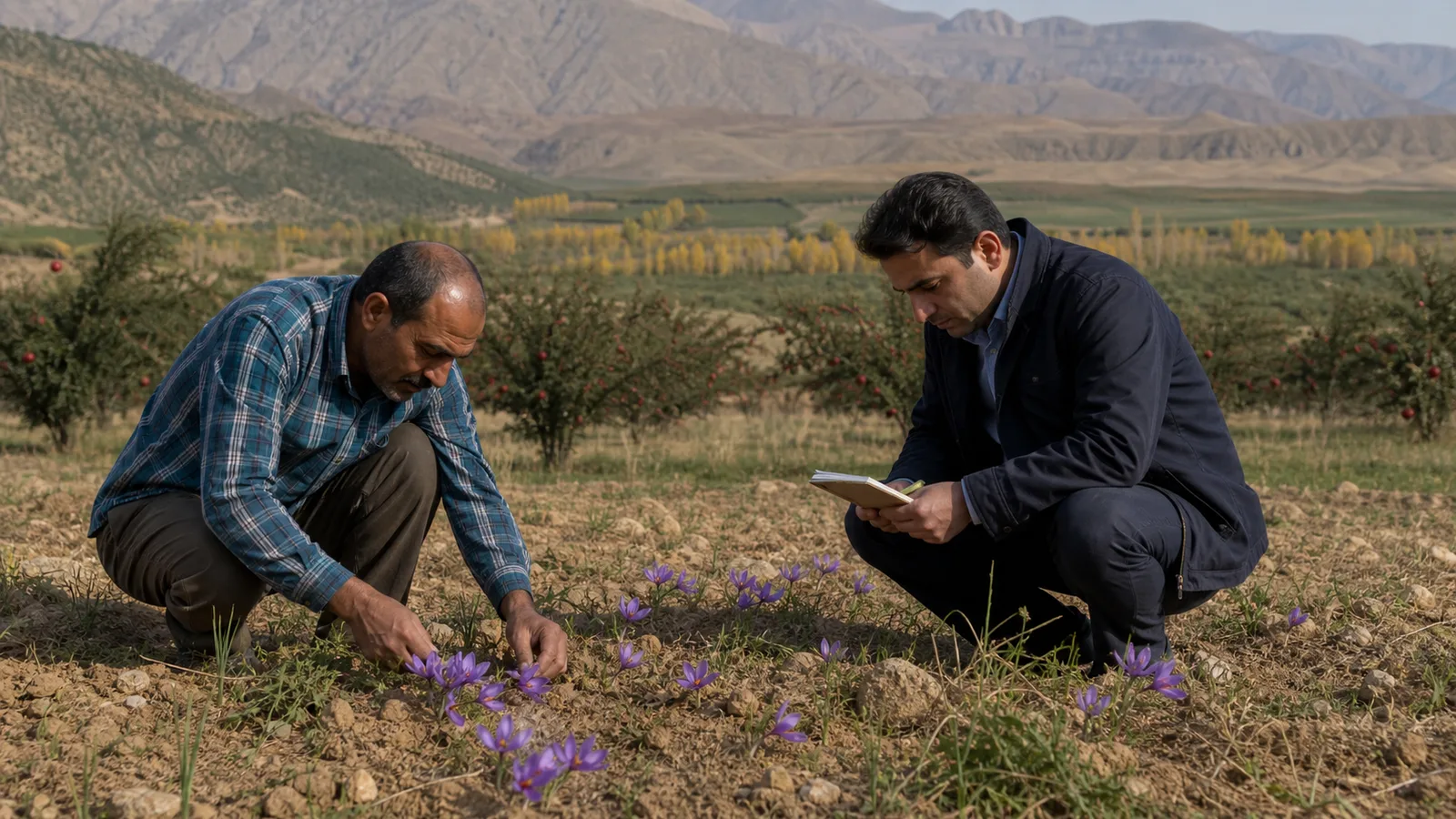 Agricultural officer and farmer inspecting a small saffron plot near Izeh