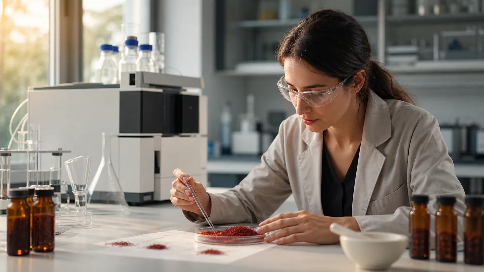 Laboratory researcher examining saffron threads during crocin and crocetin analysis