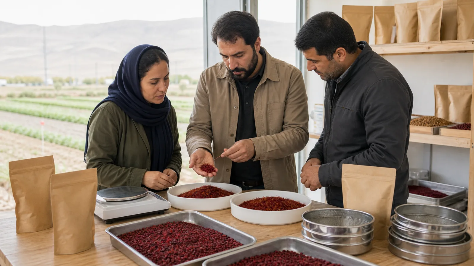 Agricultural trainer showing South Khorasan growers how to grade saffron and barberries