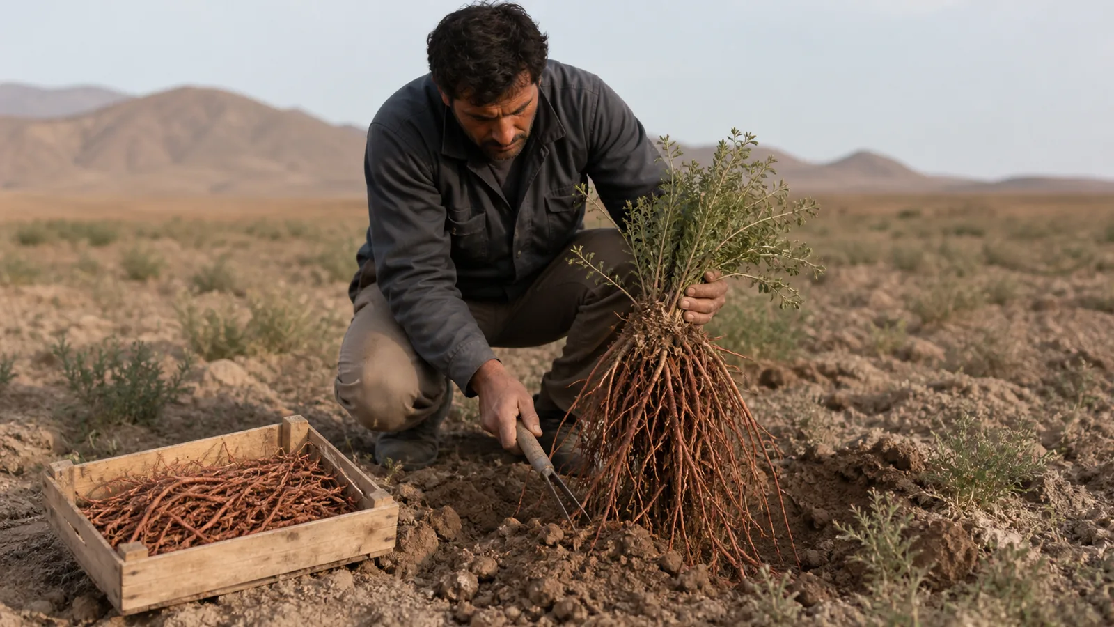 Farmer lifting mature madder roots from dry soil near Ardakan in Yazd province