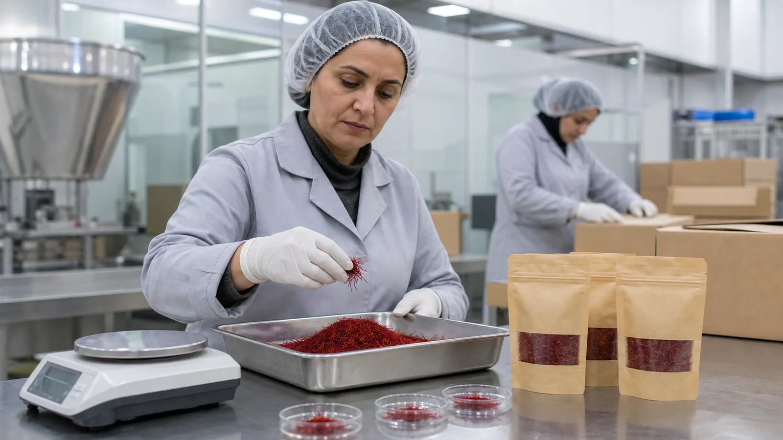 Export quality specialist inspecting Iranian saffron before international packing