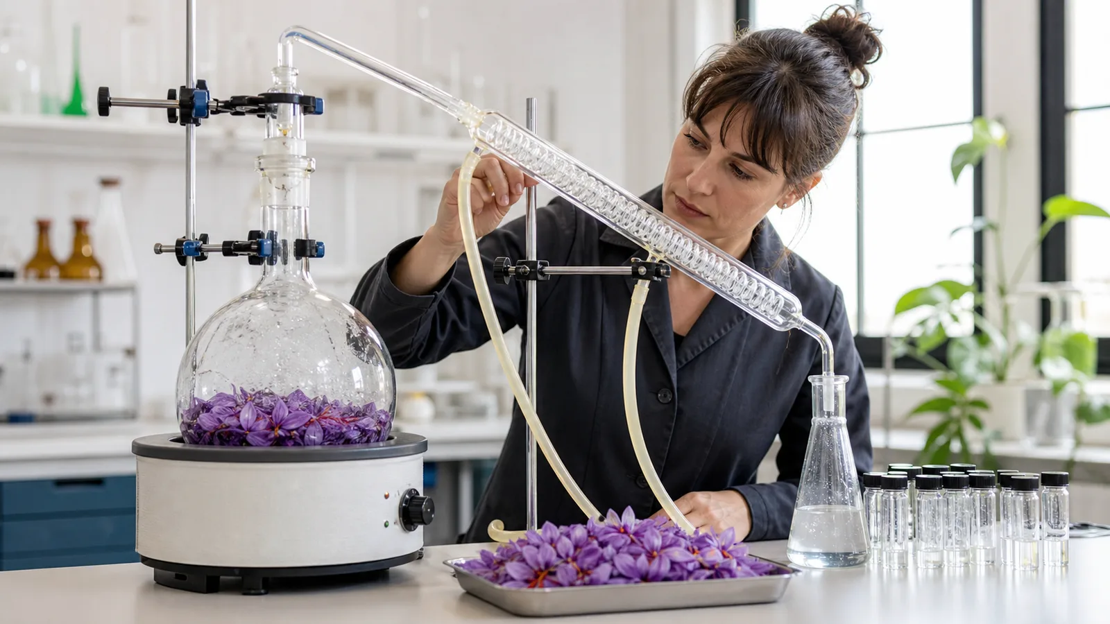 Researcher distilling purple saffron flower petals into a clear experimental hydrosol