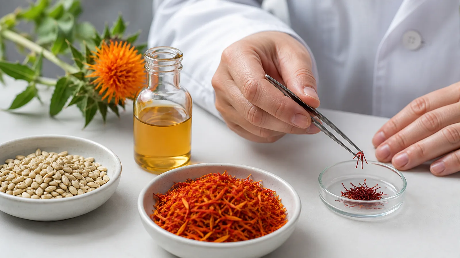 Safflower florets, safflower seeds and oil displayed separately from genuine saffron threads