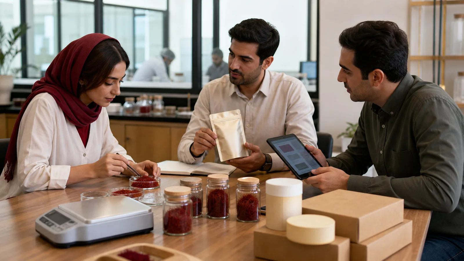 Iranian saffron export team reviewing quality samples packaging and traceability